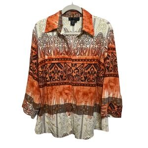 Ninety Womens Plus 1X Orange Tribal Geometric Print Button Up Blouse 3/4 Sleeve